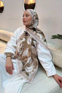 Lamelif Çiçek Desen Pamuk Şal Koyu Bej