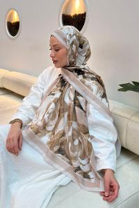 Lamelif Çiçek Desen Pamuk Şal Koyu Bej