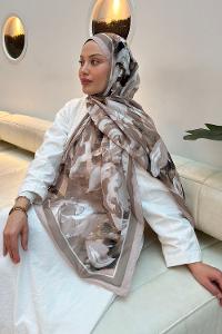 Lamelif Çiçek Desen Pamuk Şal Koyu Vizon