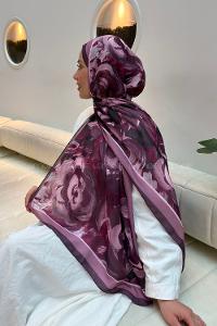 Lamelif Çiçek Desen Pamuk Şal Mürdüm