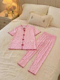 Lamelif Kadın Küçük Kalp  Minimal Desenli Fiyonk Özel Dikiş Pijama Takımı