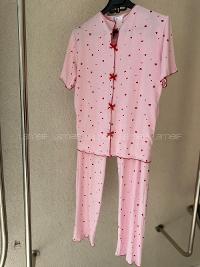 Lamelif Kadın Küçük Kalp  Minimal Desenli Fiyonk Özel Dikiş Pijama Takımı