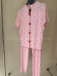 Lamelif Kadın Küçük Kalp  Minimal Desenli Fiyonk Özel Dikiş Pijama Takımı