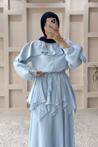 Lamelif Pelerin Detaylı Müslin Tensel Etekli Takım Bebe Mavisi