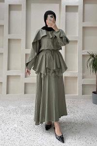 Lamelif Pelerin Detaylı Müslin Tensel Etekli Takım Haki