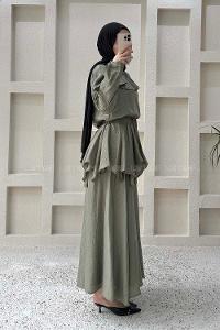 Lamelif Pelerin Detaylı Müslin Tensel Etekli Takım Haki