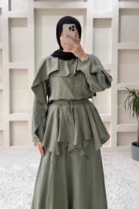 Lamelif Pelerin Detaylı Müslin Tensel Etekli Takım Haki