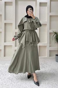 Lamelif Pelerin Detaylı Müslin Tensel Etekli Takım Haki