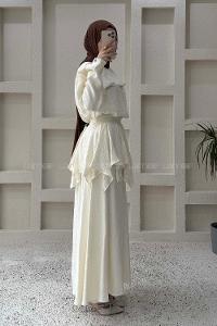 Lamelif Pelerin Detaylı Müslin Tensel Etekli Takım Krem