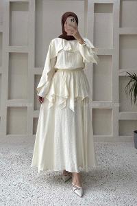 Lamelif Pelerin Detaylı Müslin Tensel Etekli Takım Krem