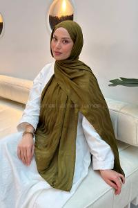 Lamelif  Shine Desen Ayrobin Floş Jakar  Şal Asker Yeşili