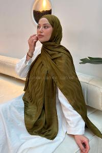 Lamelif  Shine Desen Ayrobin Floş Jakar  Şal Asker Yeşili