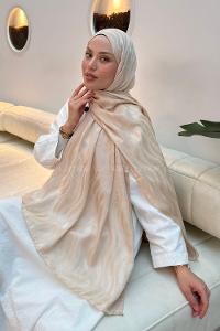 Lamelif  Shine Desen Ayrobin Floş Jakar  Şal Bej