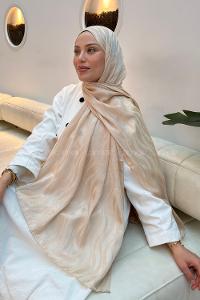 Lamelif  Shine Desen Ayrobin Floş Jakar  Şal Bej