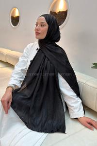 Lamelif  Shine Desen Ayrobin Floş Jakar  Şal Siyah