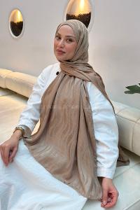 Lamelif  Shine Desen Ayrobin Floş Jakar  Şal Vizon