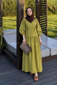 Lamelif Çizgi Detaylı Elbise Yağ Yeşili