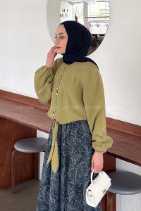 Lamelif Etek Ucu Bağlama Detaylı Balon Kol Gömlek Çağla Yeşili