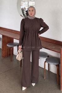 Lamelif Belden Büzgülü Taş Detaylı Pantolonlu Takım Acı Kahve