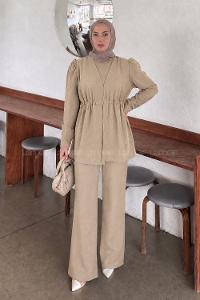 Lamelif Belden Büzgülü Taş Detaylı Pantolonlu Takım Bej