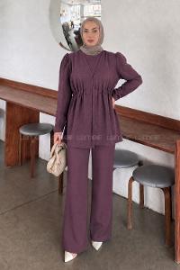 Lamelif Belden Büzgülü Taş Detaylı Pantolonlu Takım Mürdüm