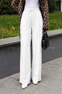 Lamelif Çizgi Detaylı Kordonlu Pantolon Beyaz