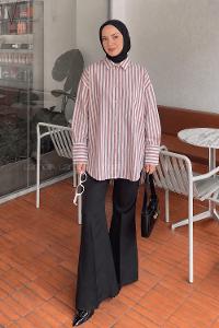 Lamelif Çizgi Detaylı Tensel Gömlek Gül Rengi