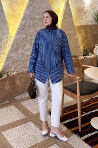 Lamelif Çizgi Detaylı Yarasa Kol Gömlek Lacivert