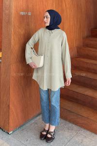 Lamelif Çizgi Geçişli Tesettür Gömlek Mint Yeşili