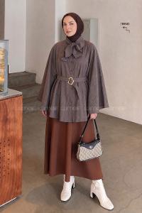 Lamelif Fiyonk Yakalı Bağlamalı Panço Acı Kahve