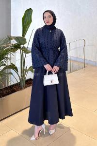 Navy Blue Crew Neck Long Arm Cotton Skirt Suit