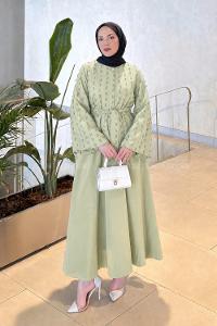 Mint Green Crew Neck Long Arm Cotton Skirt Suit