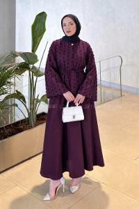 Plum Crew Neck Long Arm Cotton Skirt Suit