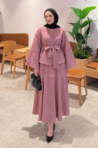 Pink Crew Neck Long Arm Cotton Straight Skirt Suit