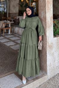 Khaki Crew Neck Cotton Dresess