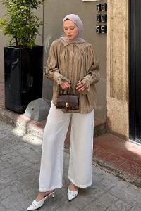 Lamelif Kolları Fırfırlı Tesettür Gömlek Vizonrengi