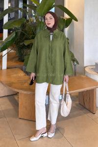 Khaki Mandarin Collar Long Arm Linen Shirt
