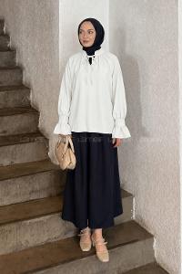 Lamelif Yakası Bağcıklı Bluz Beyaz