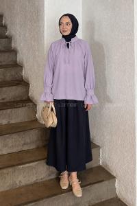 Lamelif Yakası Bağcıklı Bluz Lila