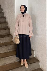 Lamelif Yakası Bağcıklı Bluz Pudra Rengi