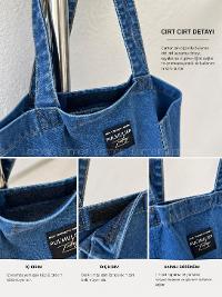 Lamelif Yıkamalı Kot Arma Detaylı Denim Mavi Çanta[Kot Totebag]