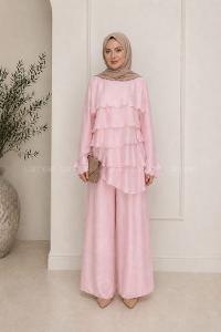 Lamelif Kat Detaylı Pantolonlu Takım Pembe
