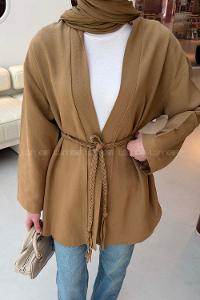 Lamelif Örgü Bağlamalı Kimono Ceket Camel