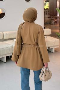 Lamelif Örgü Bağlamalı Kimono Ceket Camel