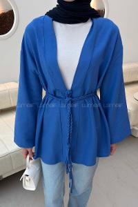 Lamelif Örgü Bağlamalı Kimono Ceket Saks Mavisi