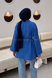 Lamelif Örgü Bağlamalı Kimono Ceket Saks Mavisi