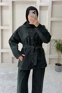Lamelif Denim Ceket-Pantolon İkili Takım Haki