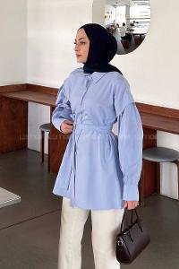 Baby Blue Shirt Collar Long Arm Crepe Fabric Unprinted Shirt