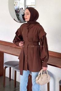 Lamelif Katmanlı Omuz Detaylı Bağlamalı Gömlek Kahverengi