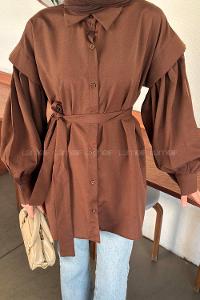 Lamelif Katmanlı Omuz Detaylı Bağlamalı Gömlek Kahverengi